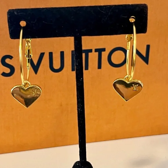 Upcycled Gold LV Louis Vuitton Stamped Charm Hoop Earrings - Picture 3 of 13